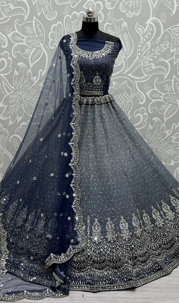 Net Embroidery Lehenga Choli In Light Blue Colour